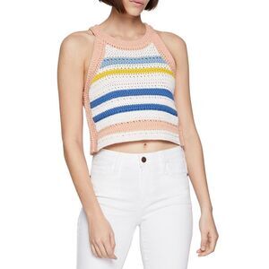 💛 NWOT BCBG Crochet Sleeveless Boho Striped White Pink Crop Top Womens Small